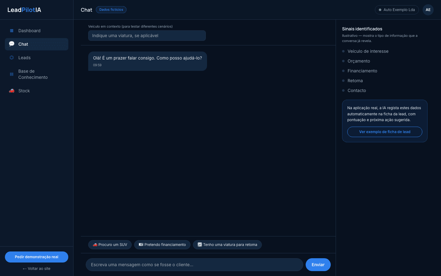 Captura de ecrã real: Chat da demonstração da LeadPilotIA